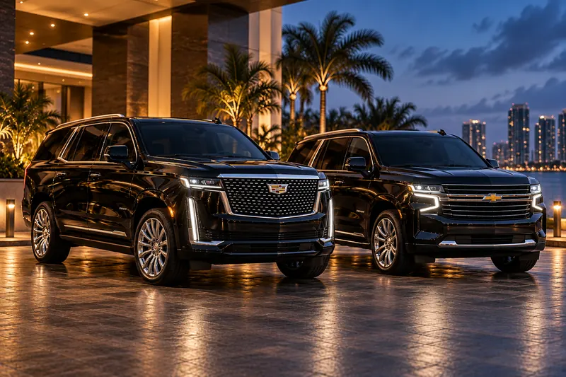Illustrative image of a black Cadillac Escalade and Chevrolet Tahoe at a Miami hotel